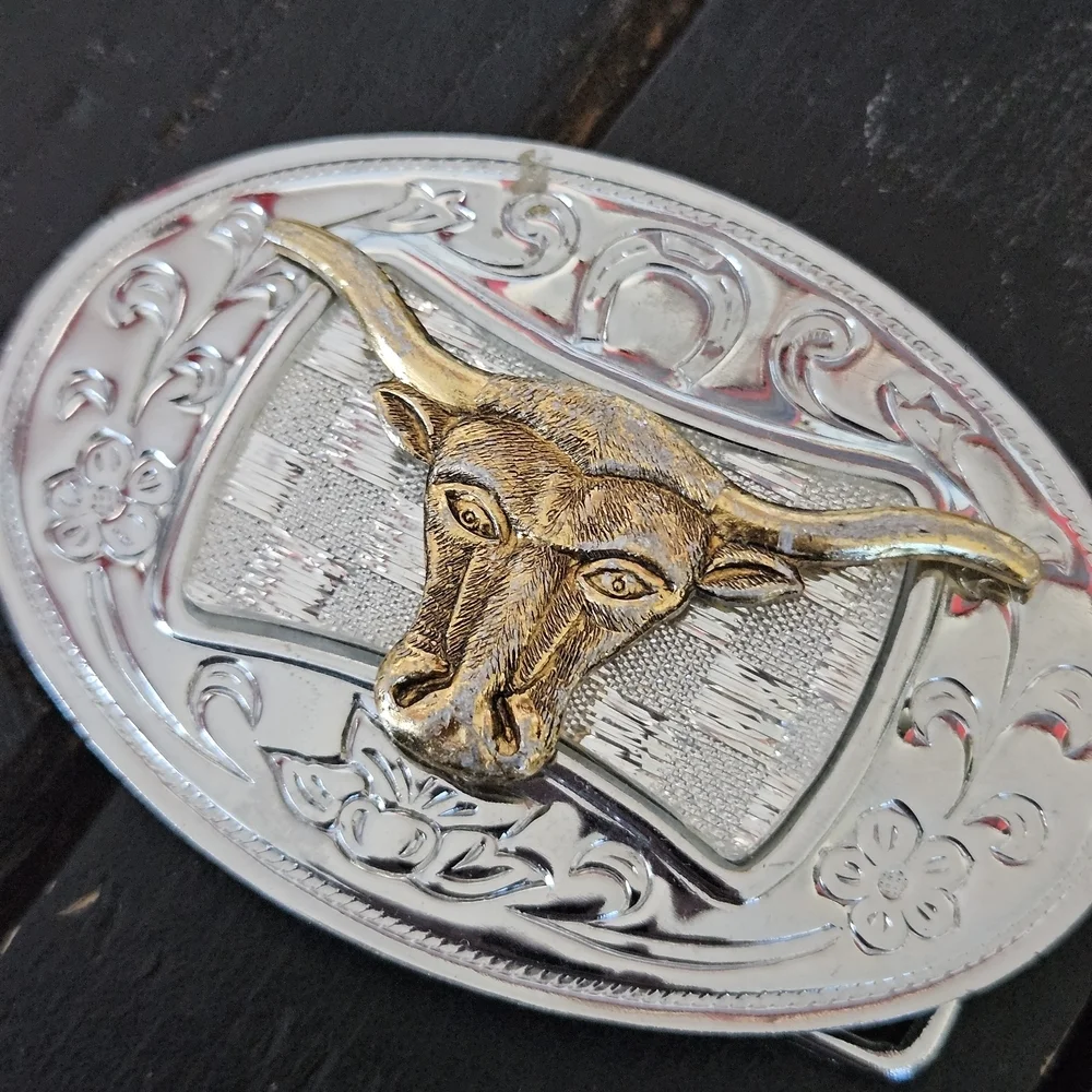 Silver and Gold Bull Skull Kids Belt Buckle Engraved Floral Horseshoe